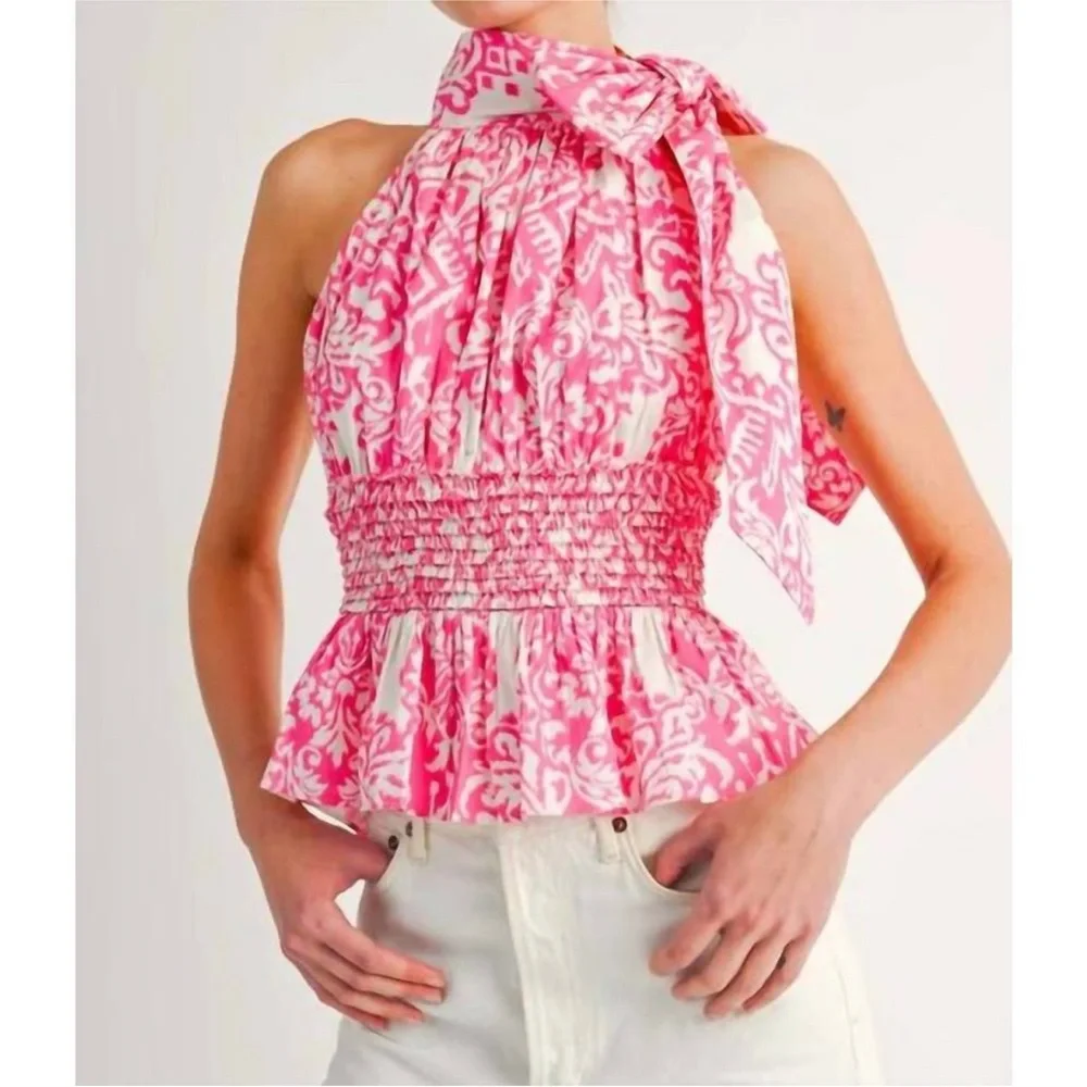 Reset by Jane Top Pink White Smocked Waist NWT NEW✨Sz M 🍒 - Picture 1 of 8